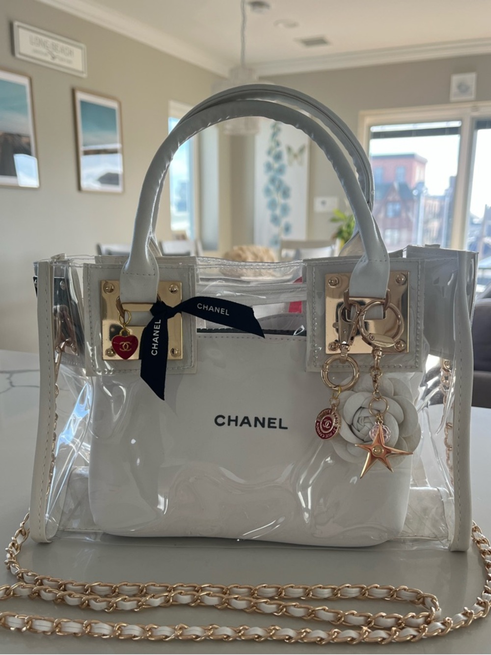 Custom Upcycled Chanel Beauté Clear Bag w Authentic Charms, Ribbon & Makeup Bag - Picture 15 of 16
